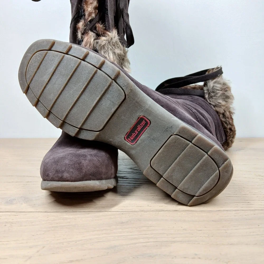 Naturalizer Winter Boots Womens 8.5M Brown Suede Faux Fur Lace Up Pom Pom